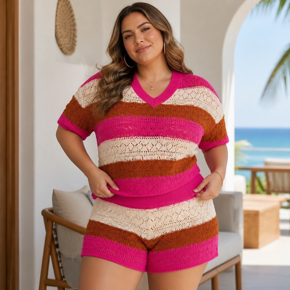 SHEIN Curve Pink Striped Crochet Knit V-Neck Top and Shorts Set 2XL Womens
